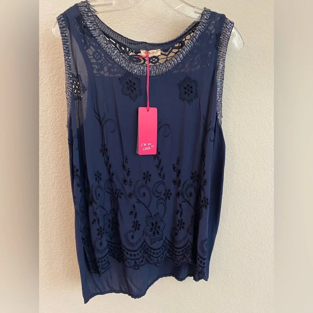 Blue Tank with Sequin Collar - Picture 1 of 4